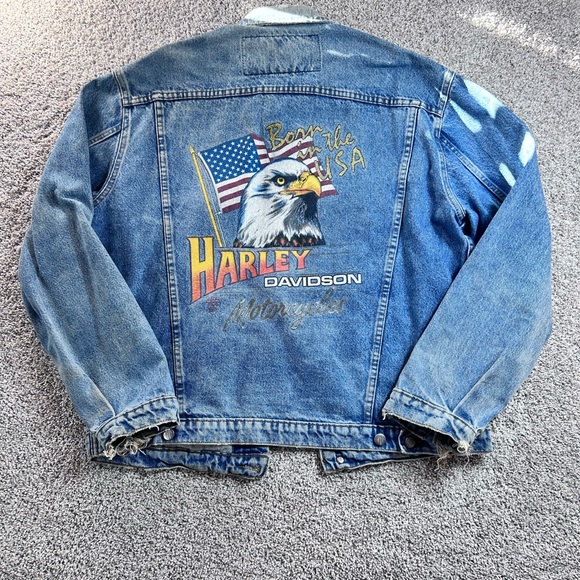 Harley-Davidson Blue Denim Jacket with Eagle and Flag